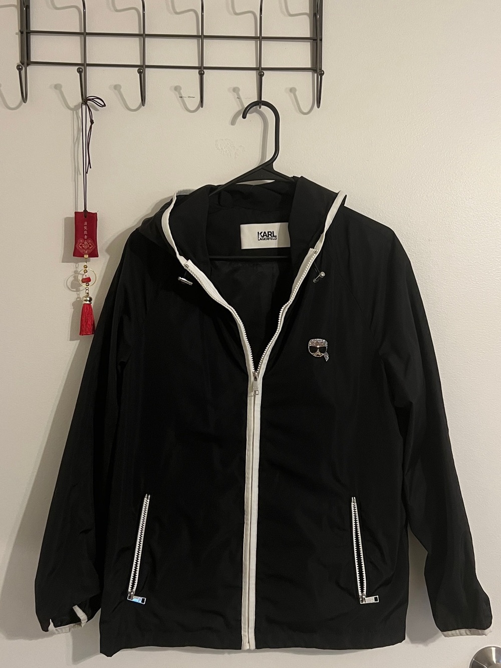 Karl Lagerfeld Black Hooded Jacket with White Zip Trim